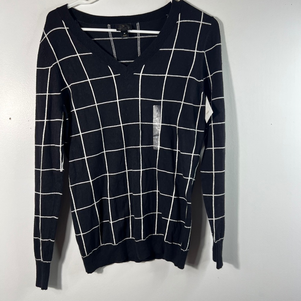 Womens Worthington V Neck Windowpane Sweater Black White M NWOT